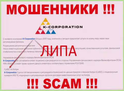 K-Corporation Cyprus Ltd действуют нелегально - у данных ворюг нет регулирующего органа и лицензии, будьте очень бдительны !!!