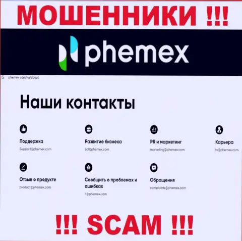 Не связывайтесь с мошенниками Пхемекс Ком через их адрес электронной почты, показанный у них на web-портале - обуют