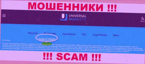 Universal Markets мошенники internet сети !!! Их номер регистрации: 240LLC2020
