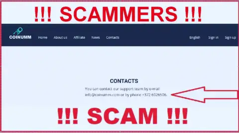 Coinumm phone number listed on the scammers web-site