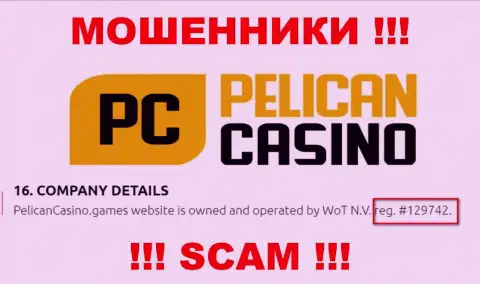 Номер регистрации PelicanCasino Games, взятый с их официального интернет-ресурса - 12974