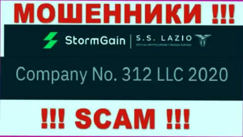 Регистрационный номер StormGain, который взят с их официального web-портала - 312 LLC 2020