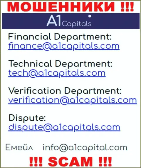 Избегайте всяческих контактов с internet мошенниками A1 Capitals, в том числе через их адрес электронной почты