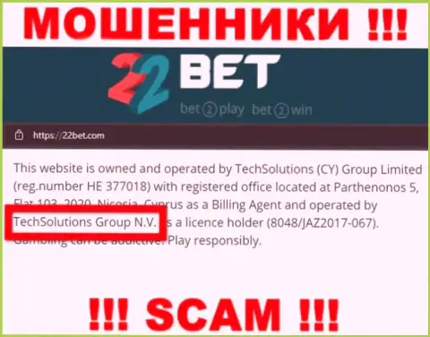 TechSolutions Group N.V. - это организация, управляющая аферистами 22 Bet