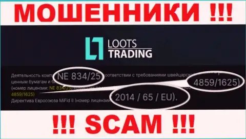 Не взаимодействуйте с конторой Loots Trading, зная их лицензию на осуществление деятельности, приведенную на сайте, Вы не спасете свои финансовые активы